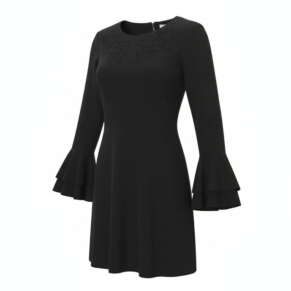 Parker Black Bell Sleeve Cocktail Dress Size 6 Embroidered Neck LBD Party Mini